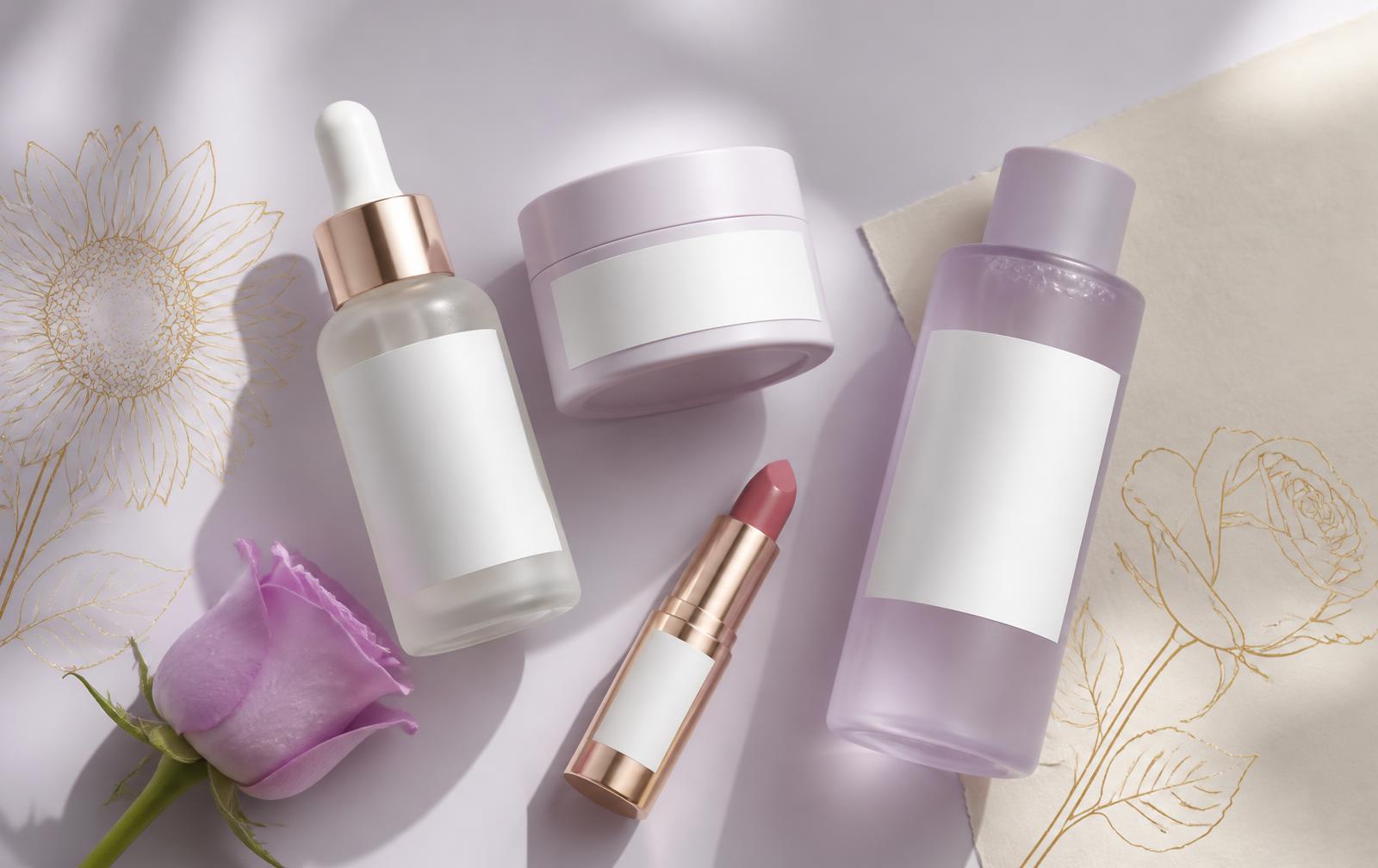Composição de produtos de beleza De Duas. em tons lilás com detalhes dourados